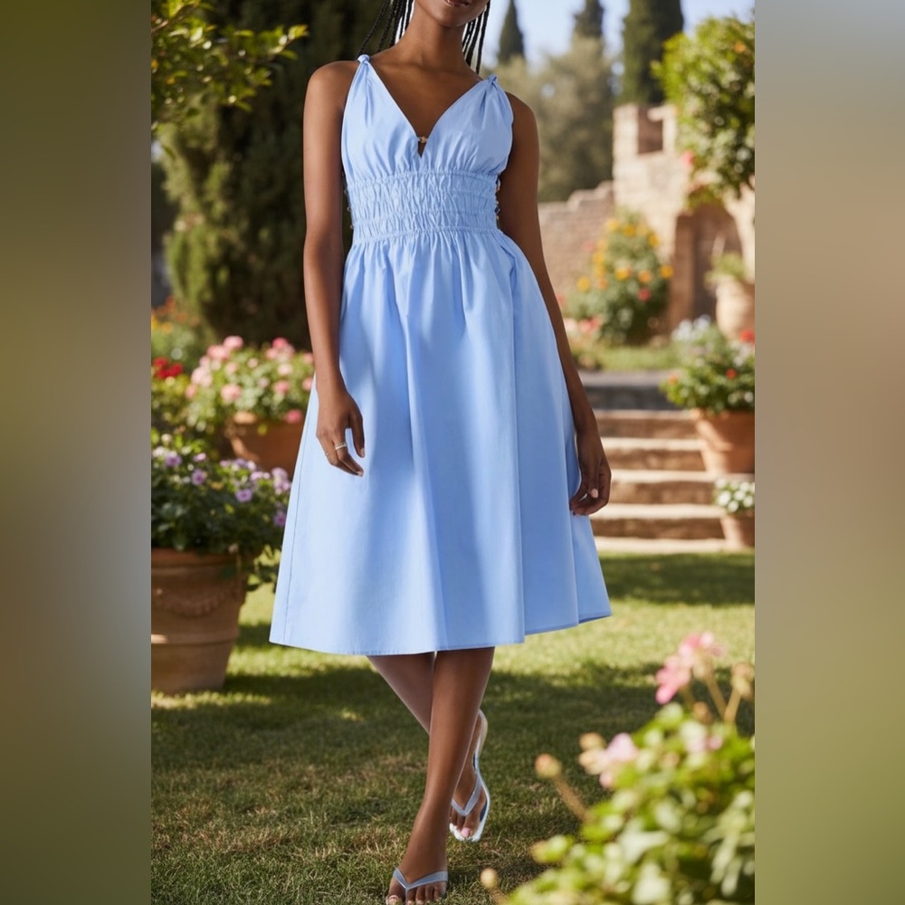 Steve Madden Kassie Aurora Blue Smocked Cotton Midi Dress Size M